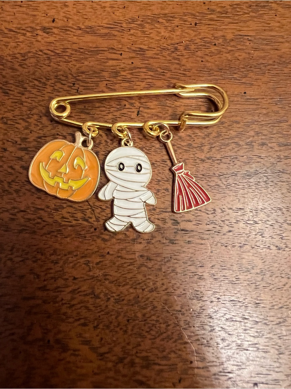 Gold Halloween Charm Safety Pin Brooch with Pumpkin, Mummy & Broom